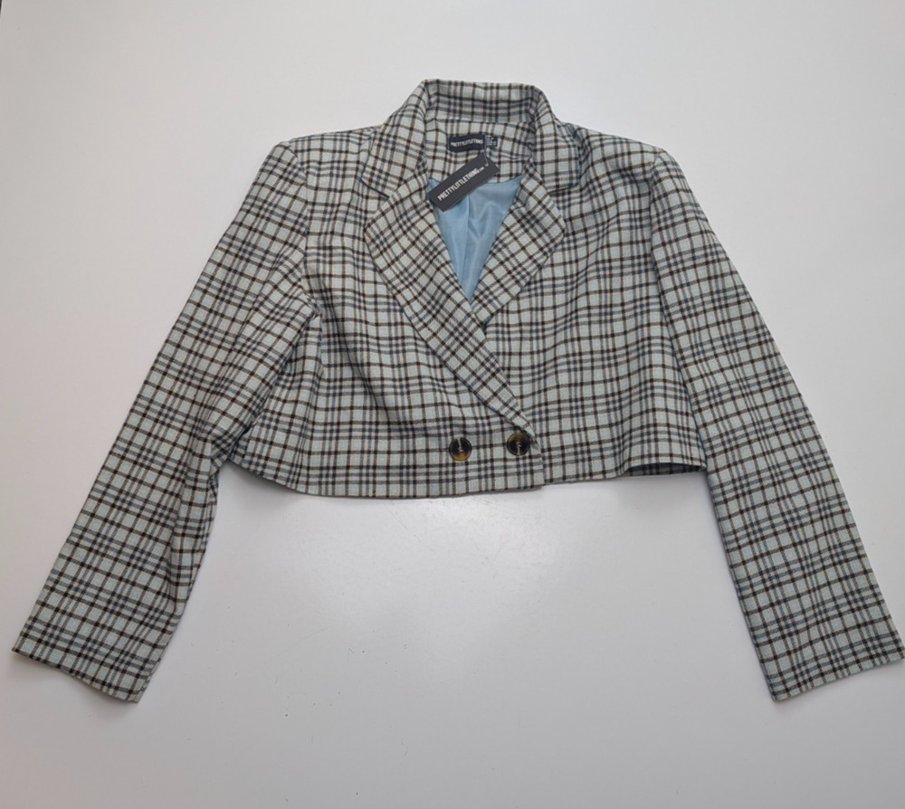 Pretty Little Thing Plaid Print Crop Blazer Jacket Notch Dual 2 Button Size 6